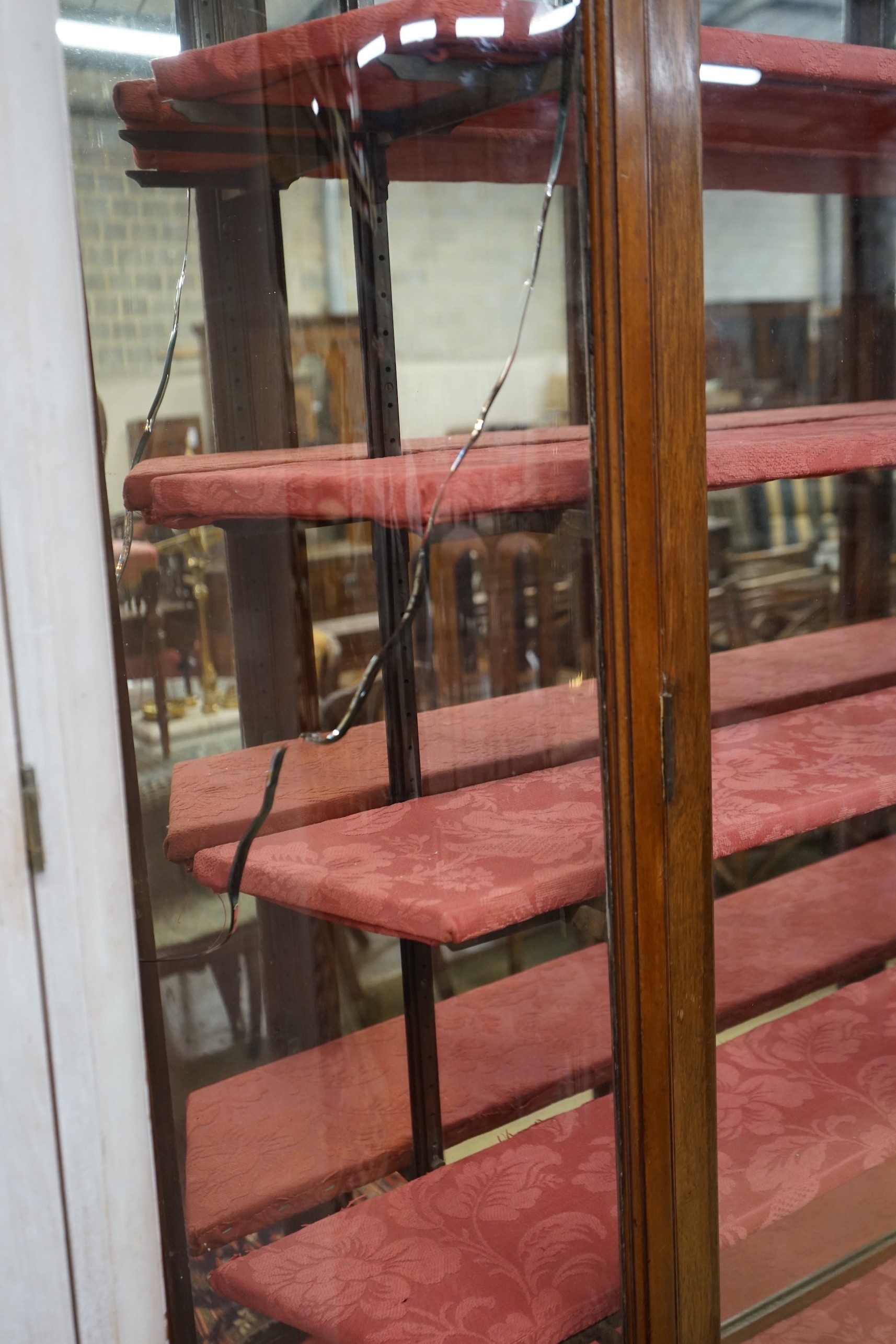 A Victorian mahogany shop display cabinet on later base, width 150cm, depth 32cm, height 209cm